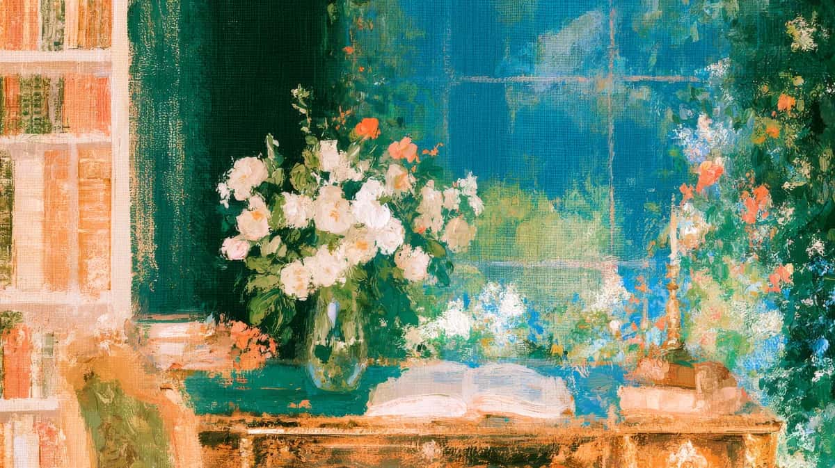 Impressionist garden scene with white and pink flowers, blue wall, weathered brick, lush green foliage