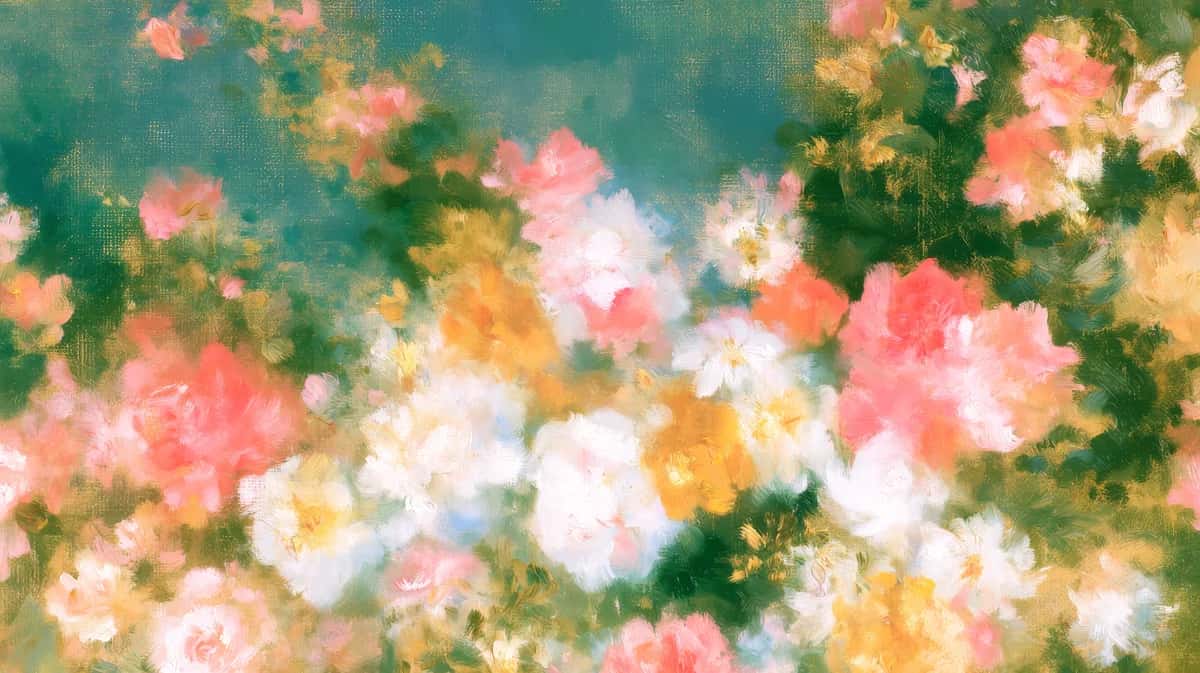 Soft floral garden wallpaper with pink, white, and yellow blooms on green leafy background