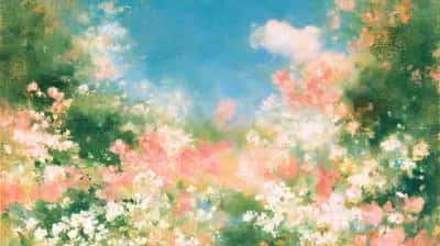 Lush garden scene with pink, white, and green flowers under bright blue sky with clouds