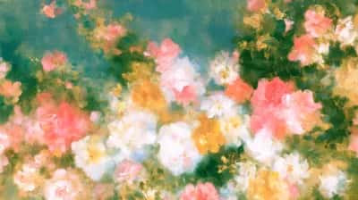Soft floral garden wallpaper with pink, white, and yellow blooms on green leafy background
