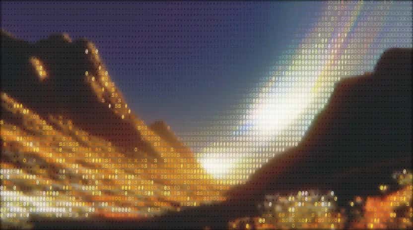 ASCII-character mountain landscape at dusk with a glowing sun in amber, gold and violet