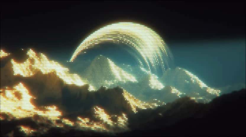 Glowing golden light trails swirling above dark mountain silhouettes against teal sky