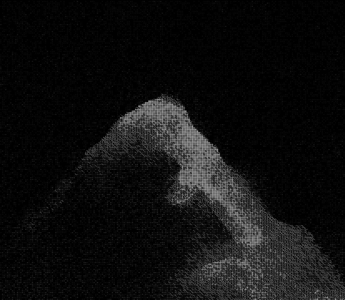 Monochromatic mountain peak with textured dot pattern against black background, minimalist composition
