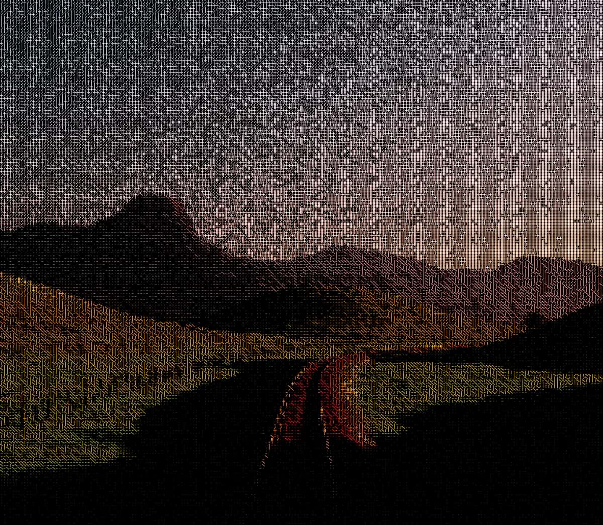 Mountain landscape with winding red dirt road through green valley, pixelated ASCII art style