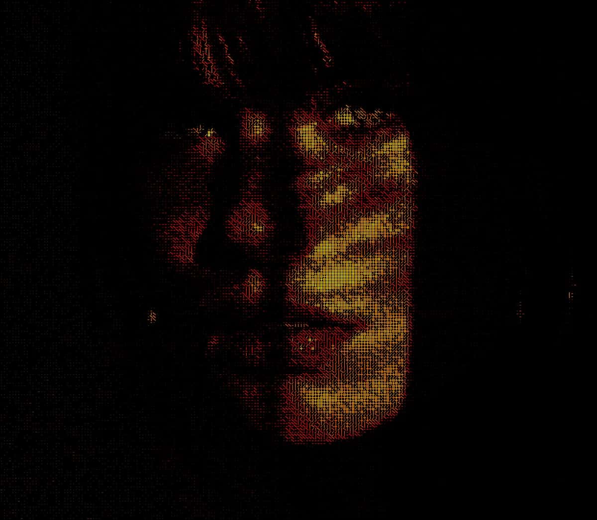 Abstract ASCII art texture with red and yellow pixelated patterns on dark background