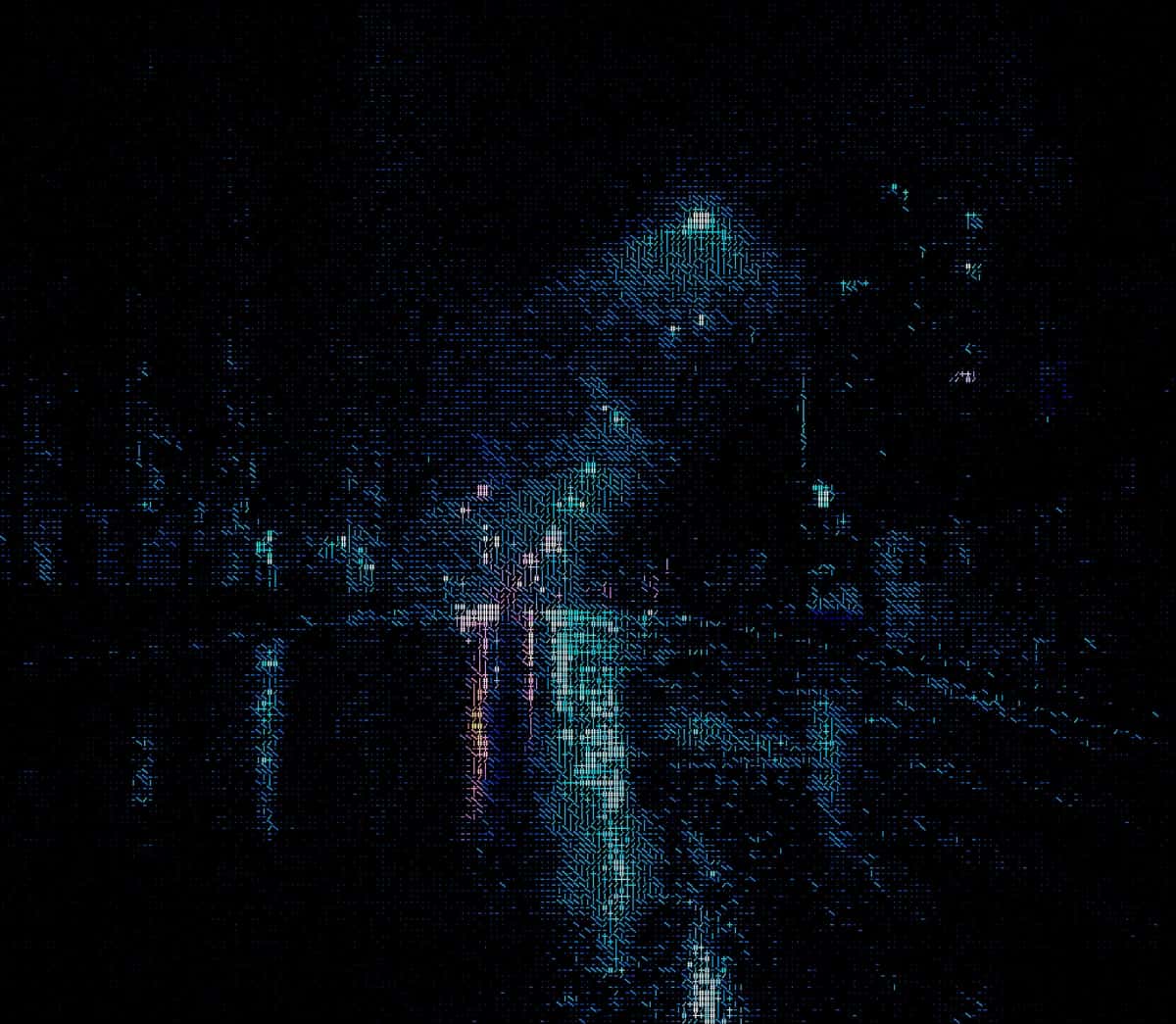 Abstract digital cityscape with pixelated grid pattern, cyan and magenta neon lights on black background
