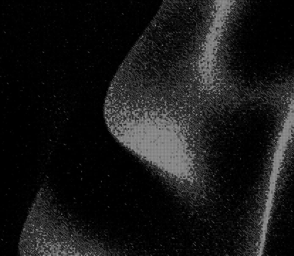 Abstract monochrome textured form, grayscale gradient against black background, pixelated digital aesthetic