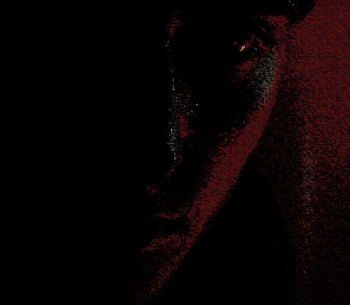 Abstract red and dark ASCII art pattern with pixelated texture and gradient lighting