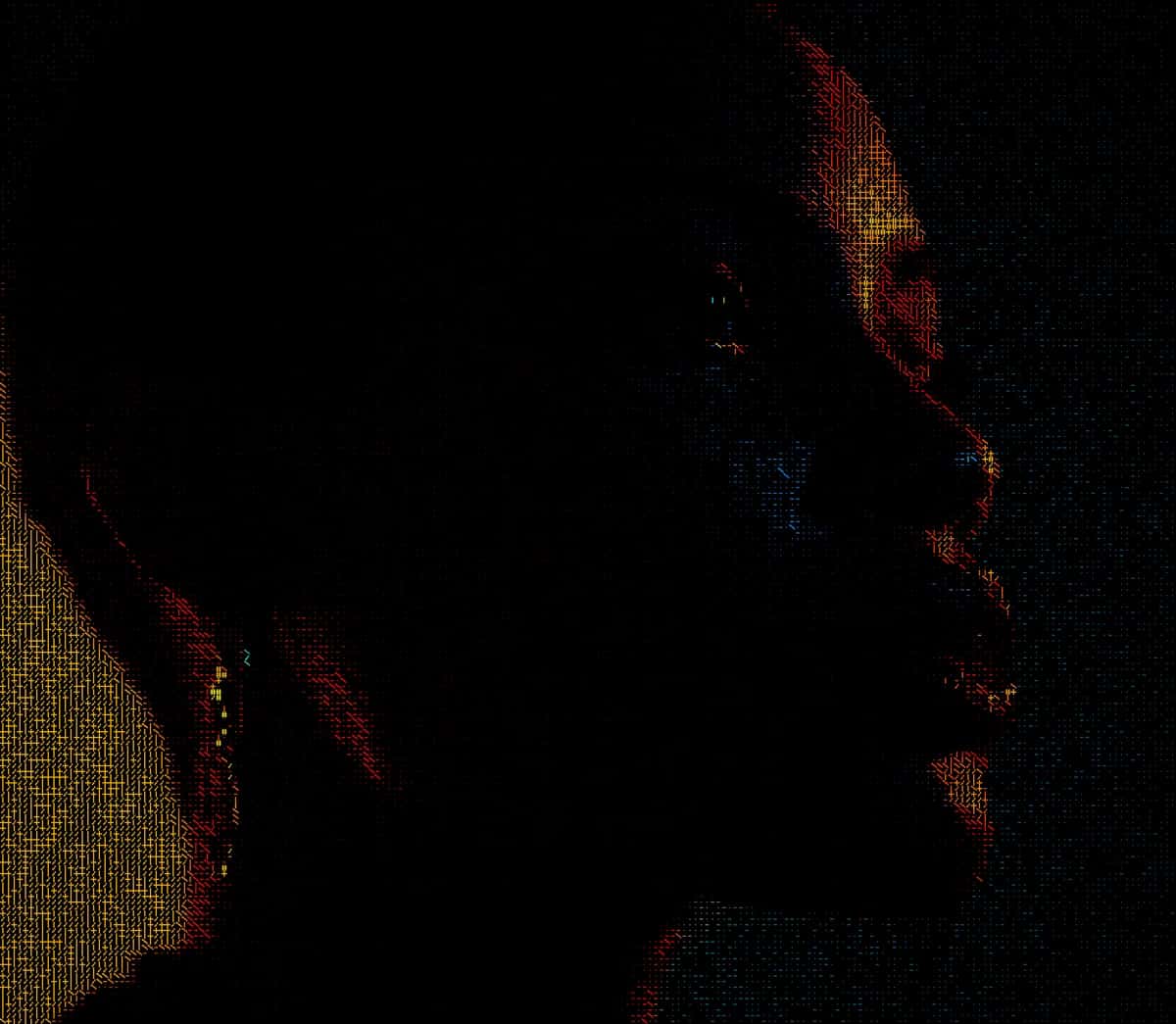Abstract digital portrait with warm gold and red tones on black background, pixelated texture