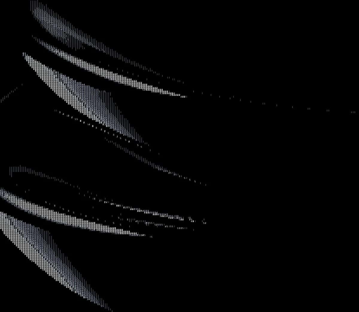 Abstract diagonal light streaks on black background, grayscale pixelated texture, minimalist composition