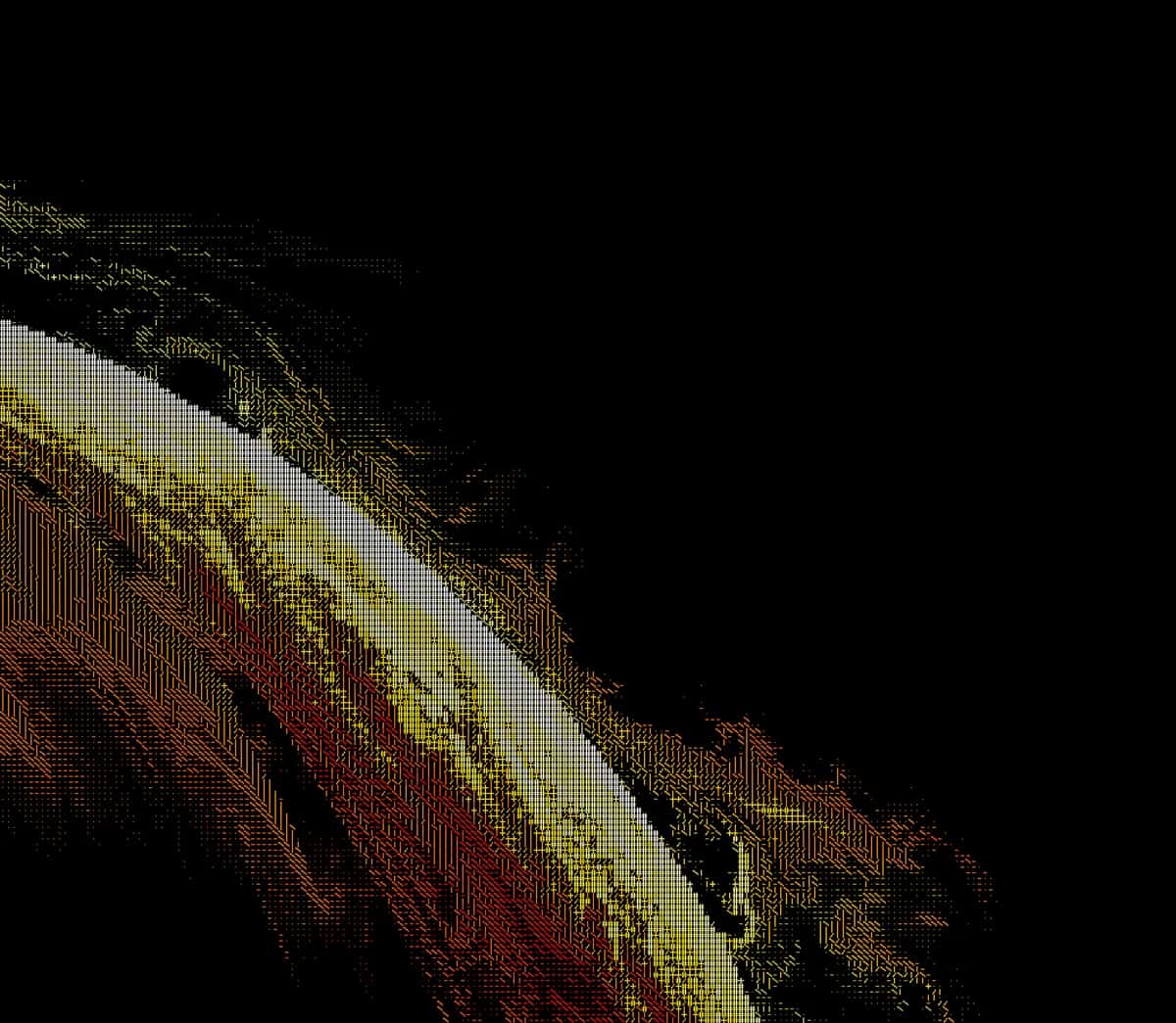 Abstract diagonal streaks of yellow, white, brown, and red on black background, pixelated texture