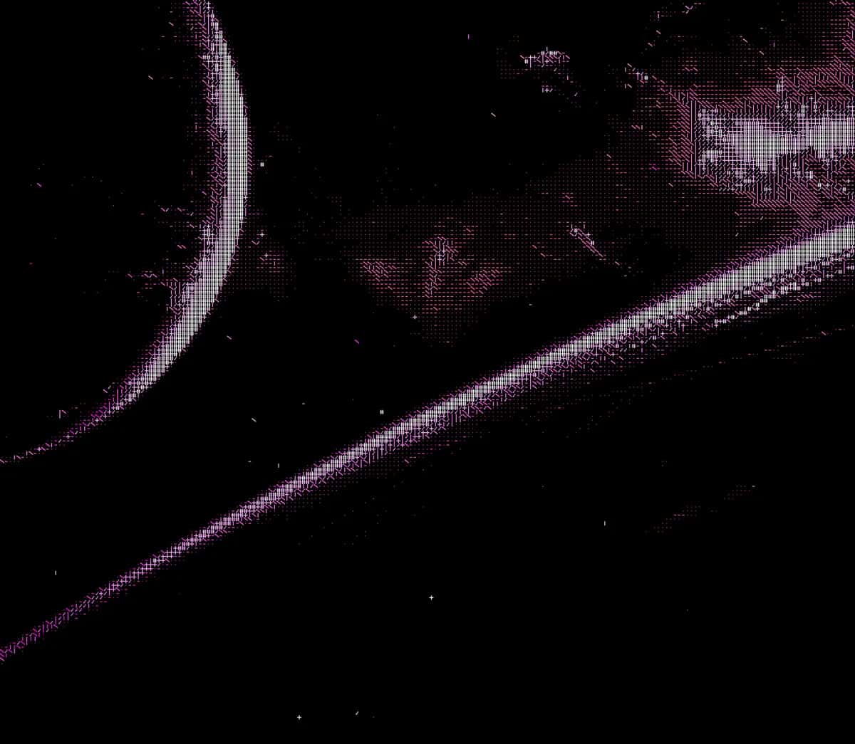 Abstract purple and black digital art with curved lines and pixelated texture, dark background