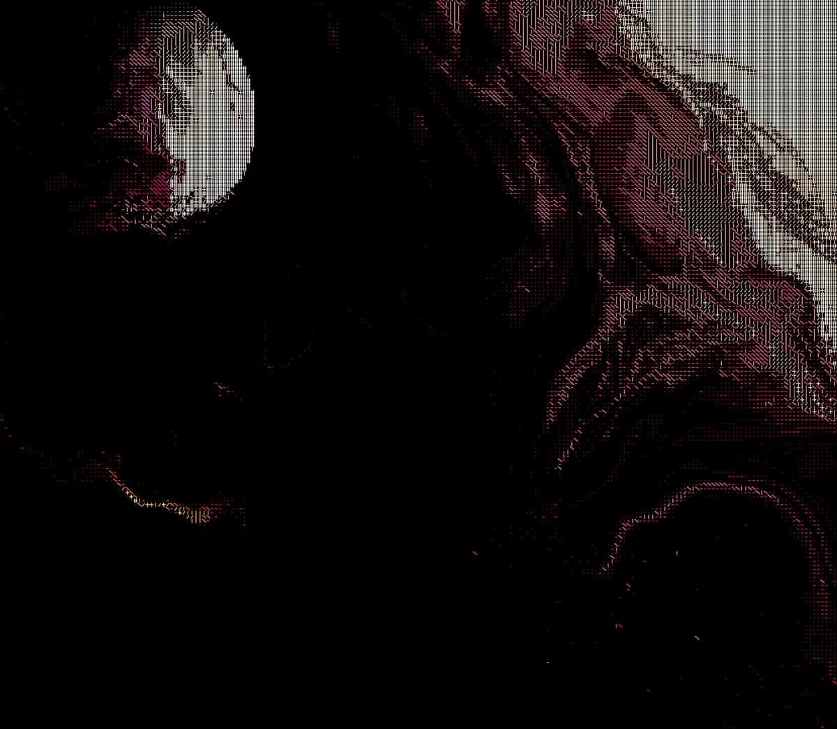 Dark abstract ASCII art with burgundy and cream pixel patterns, moon element, textured digital aesthetic