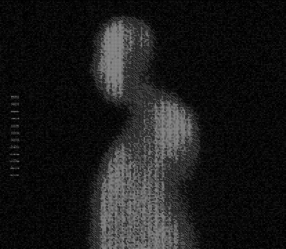 Abstract monochromatic ASCII art figure, grayscale pixelated silhouette on black background
