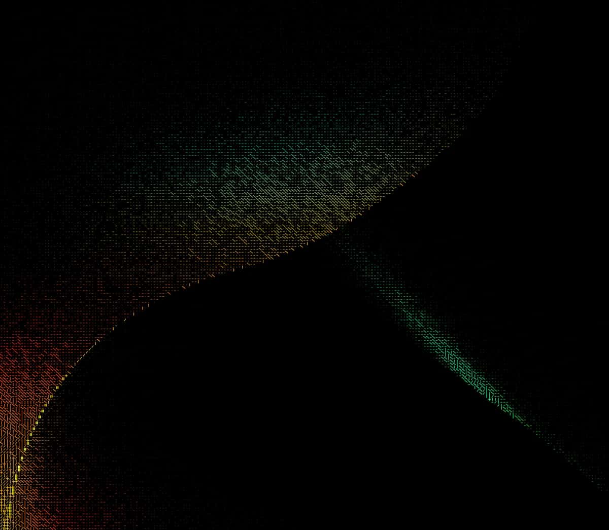 Abstract digital art with curved light rays, green and orange gradient on black background