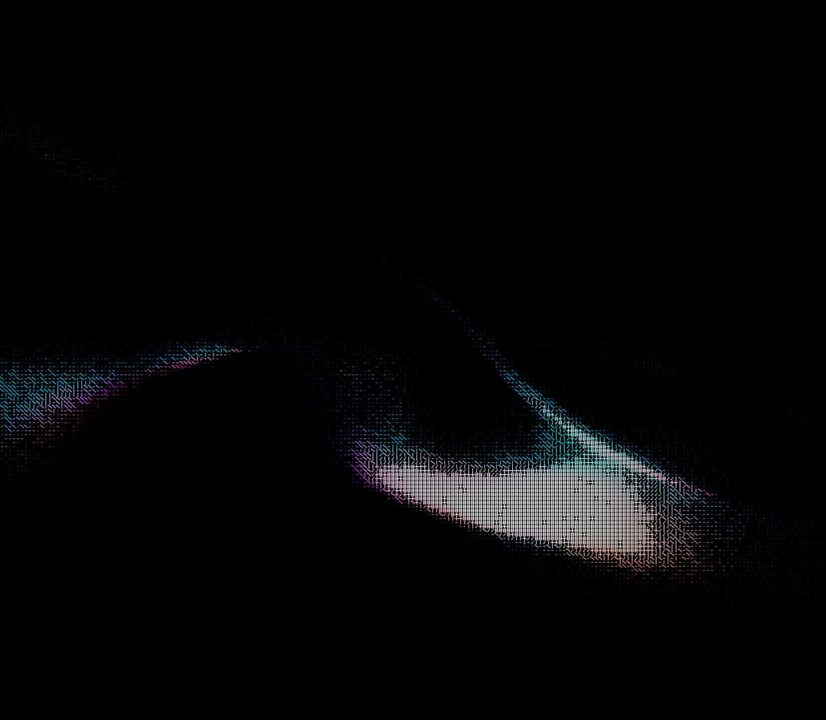 Abstract digital art with iridescent peacock feather effect on black background