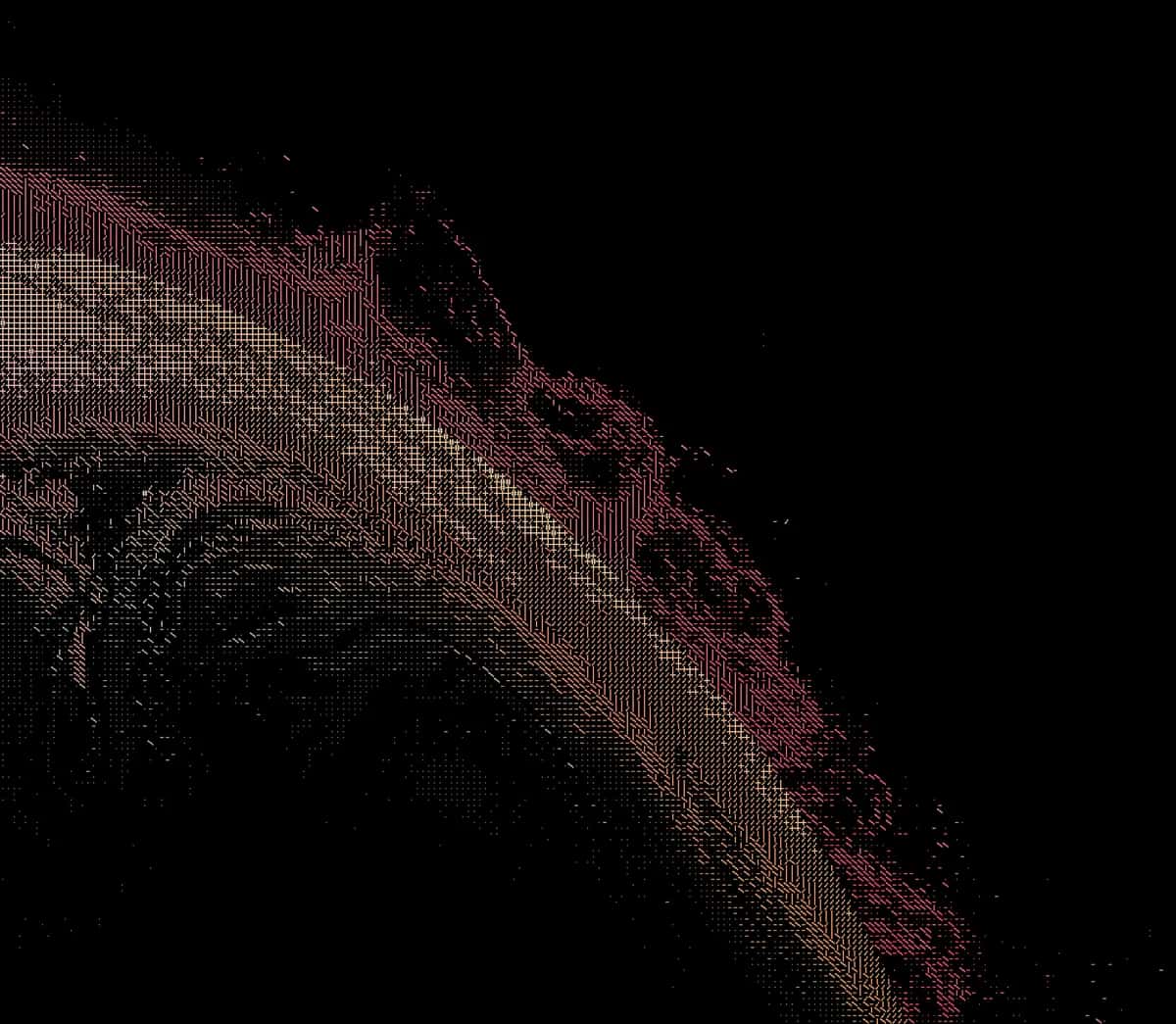 Abstract ASCII art pattern with burgundy and beige gradient curves against black background