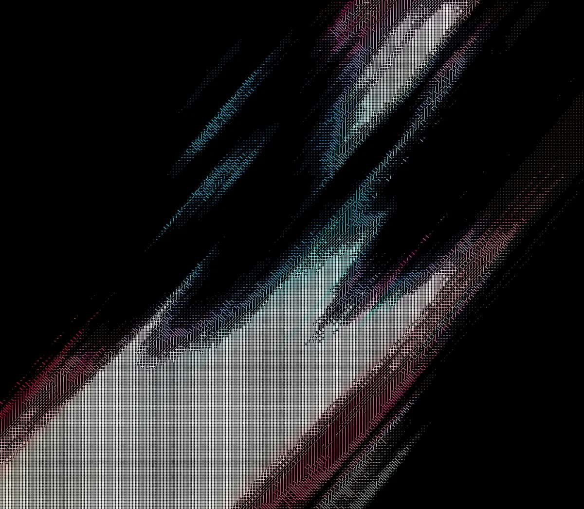 Diagonal streaks of teal, burgundy, and white on black background, pixelated digital texture