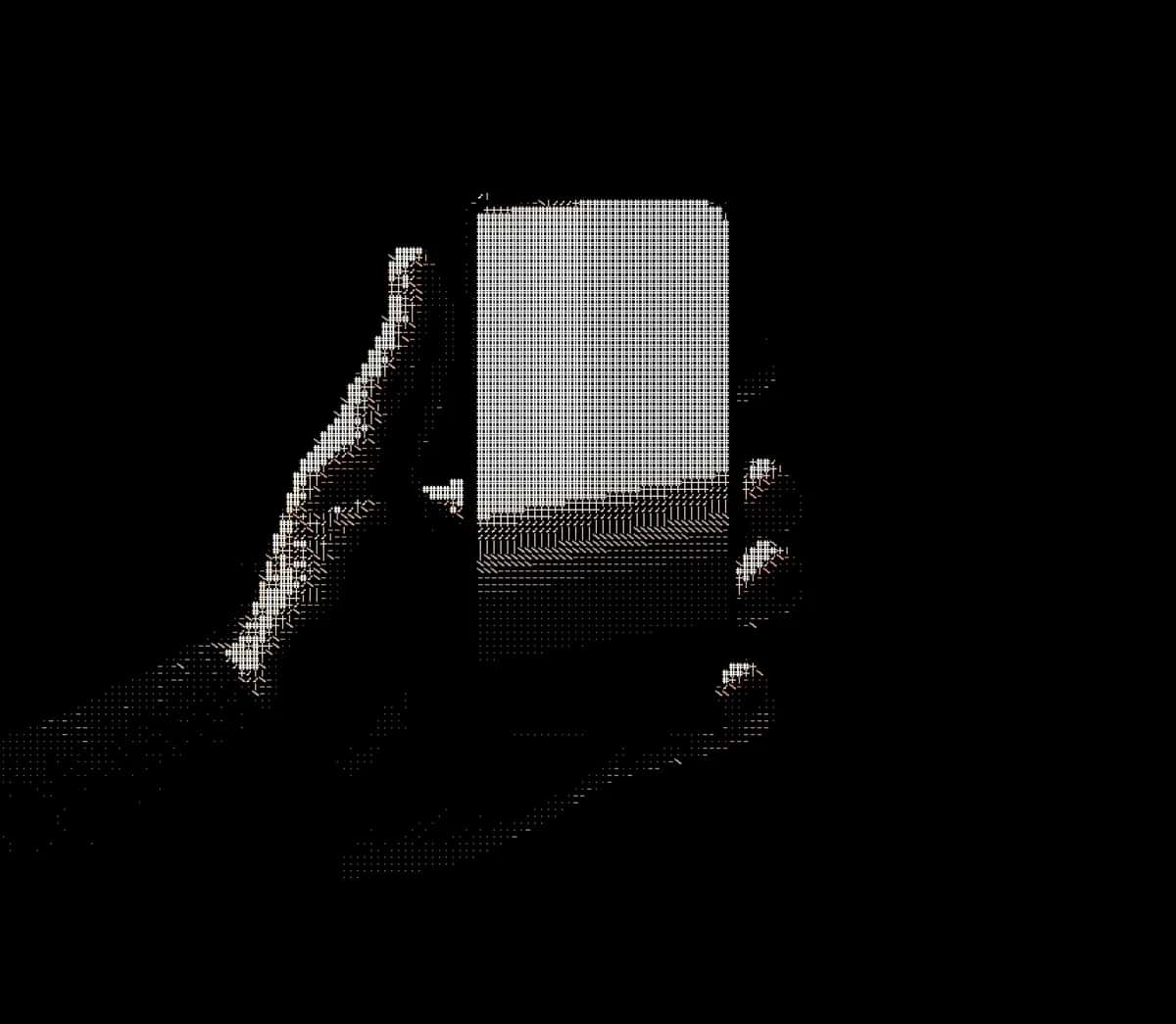Silhouetted hand holding glowing pixelated white rectangle against black background