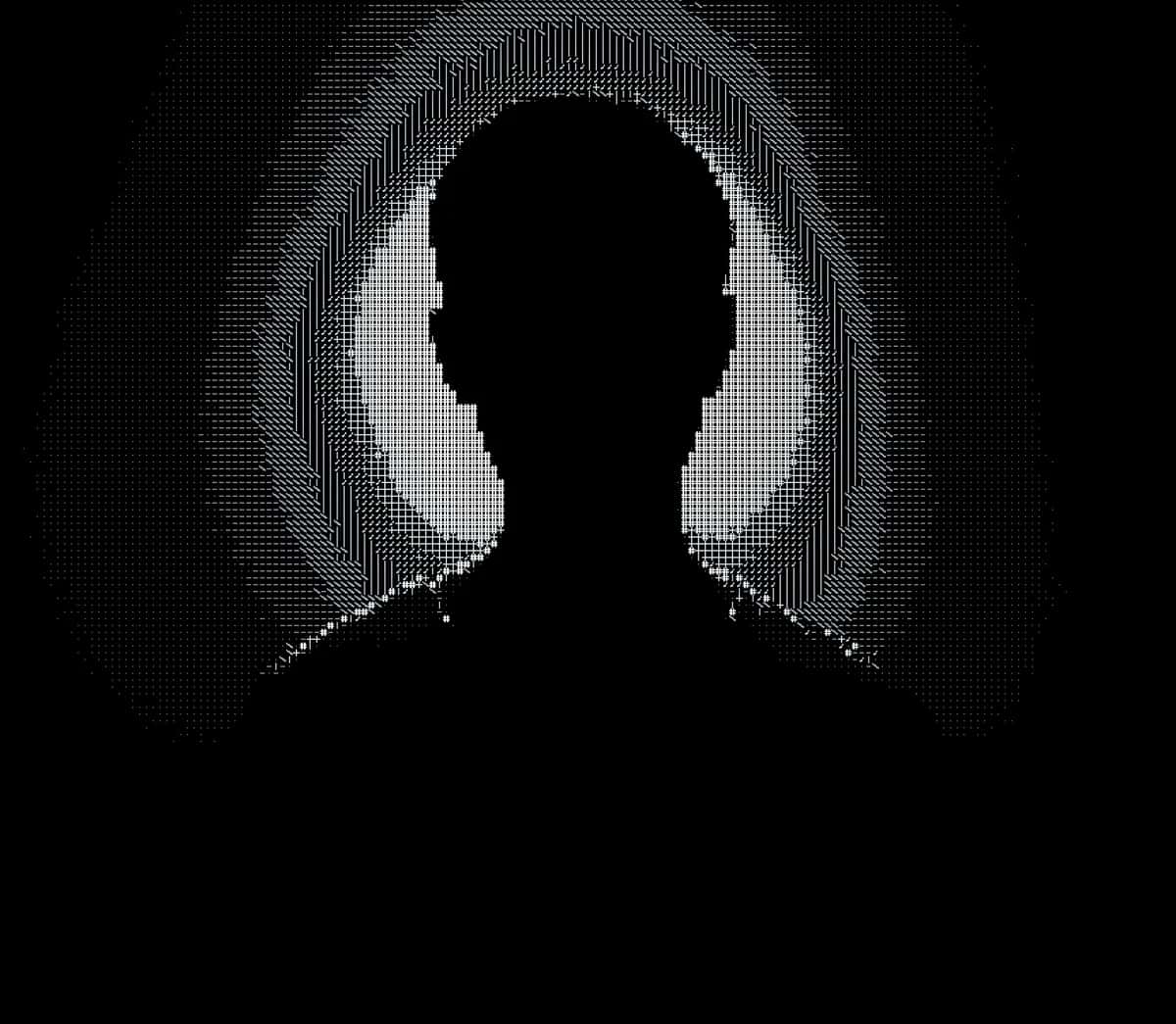 Dithered halftone silhouette of a head and shoulders ringed by a faint grey halo on black