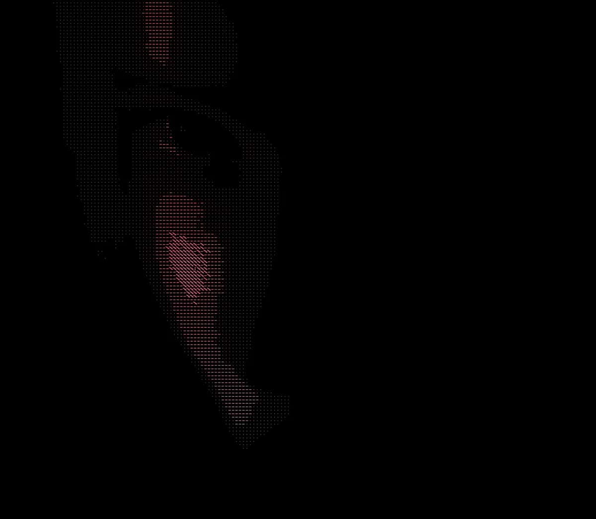 Dark pixelated profile portrait with reddish tones, minimalist ASCII art style composition