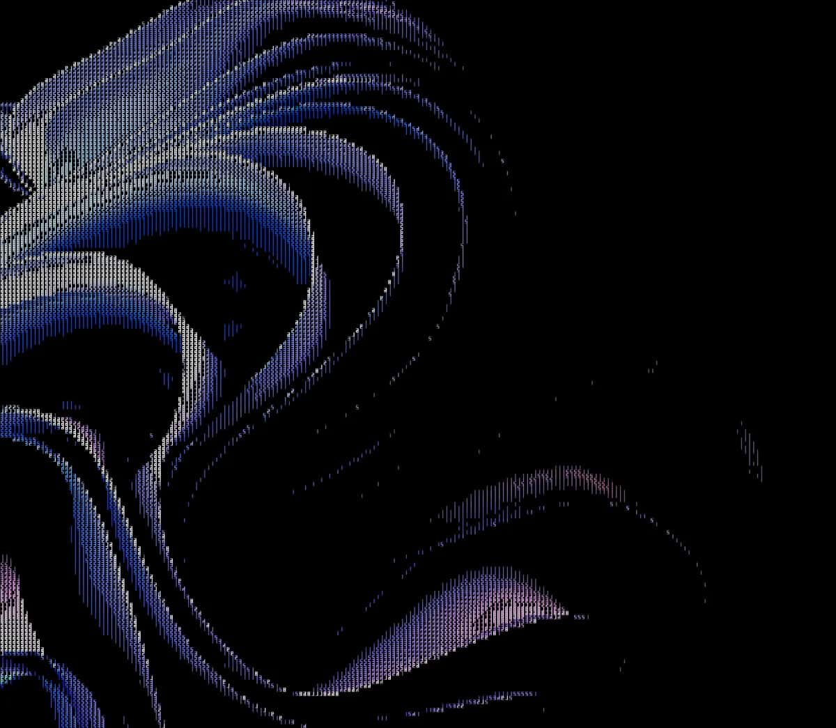 Abstract blue and purple swirling curves on black background, fluid organic forms