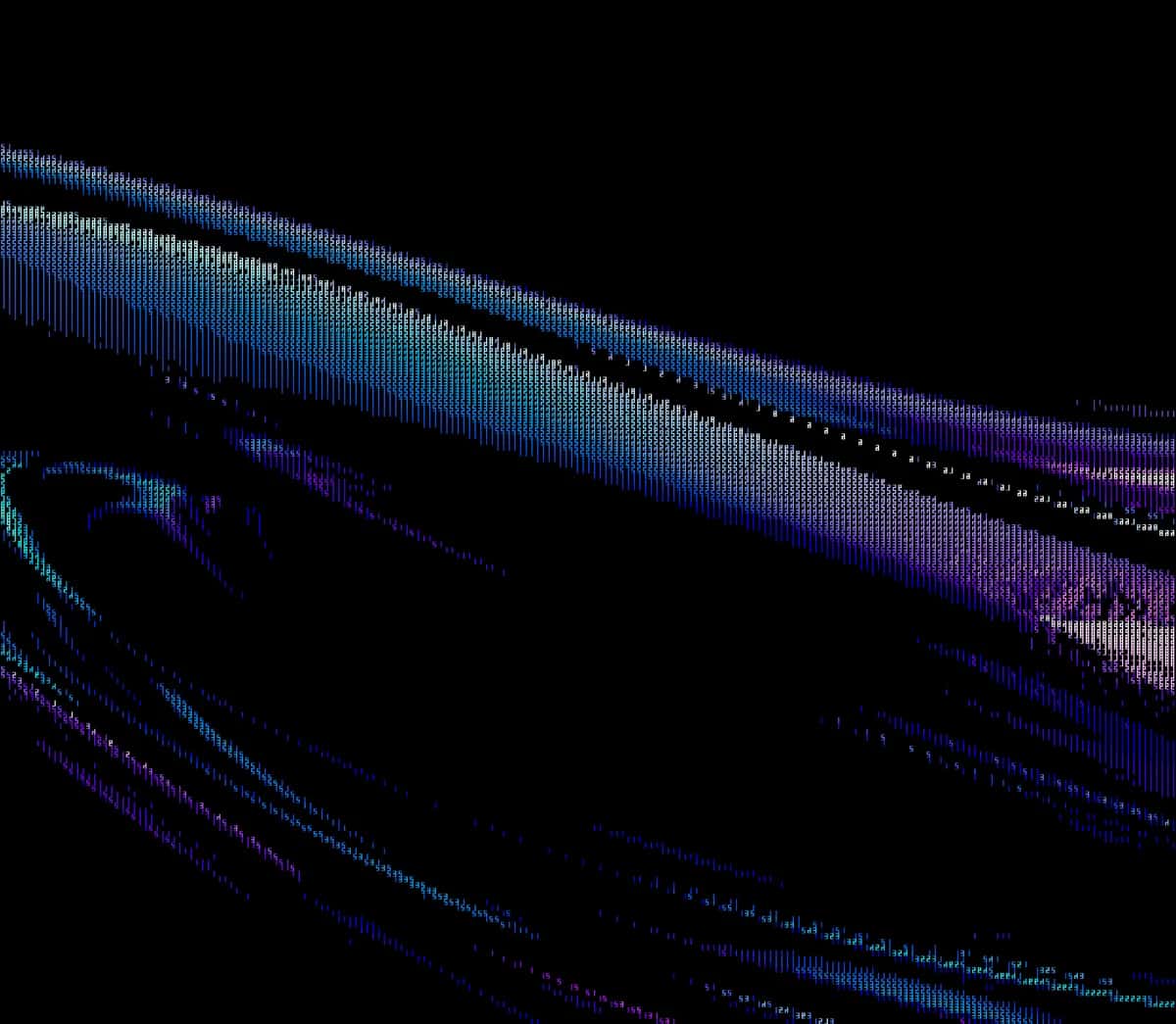 Abstract curved lines in blue, cyan, and purple tones on black background