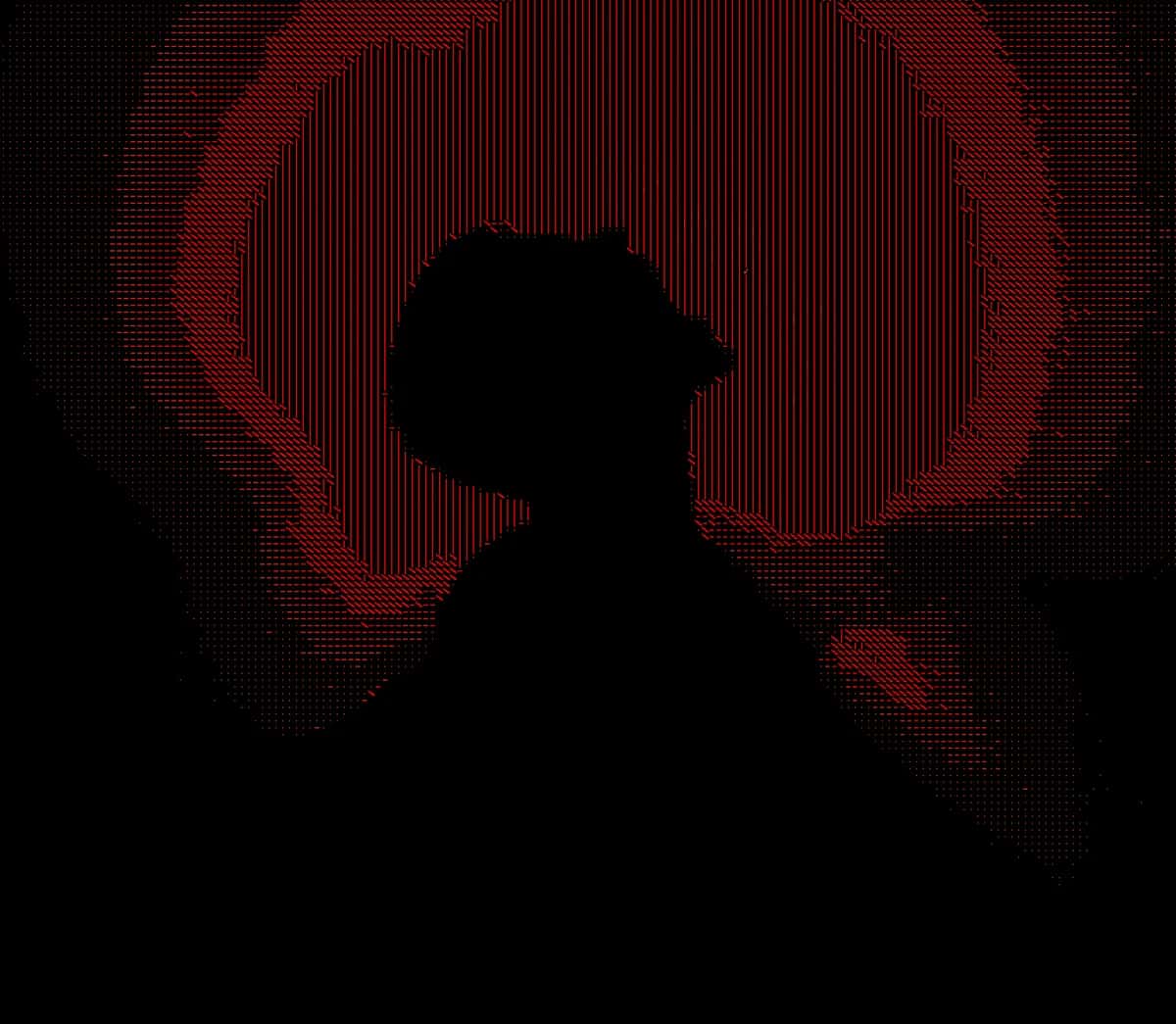 silhouette figure against red digital pixelated background, dark composition