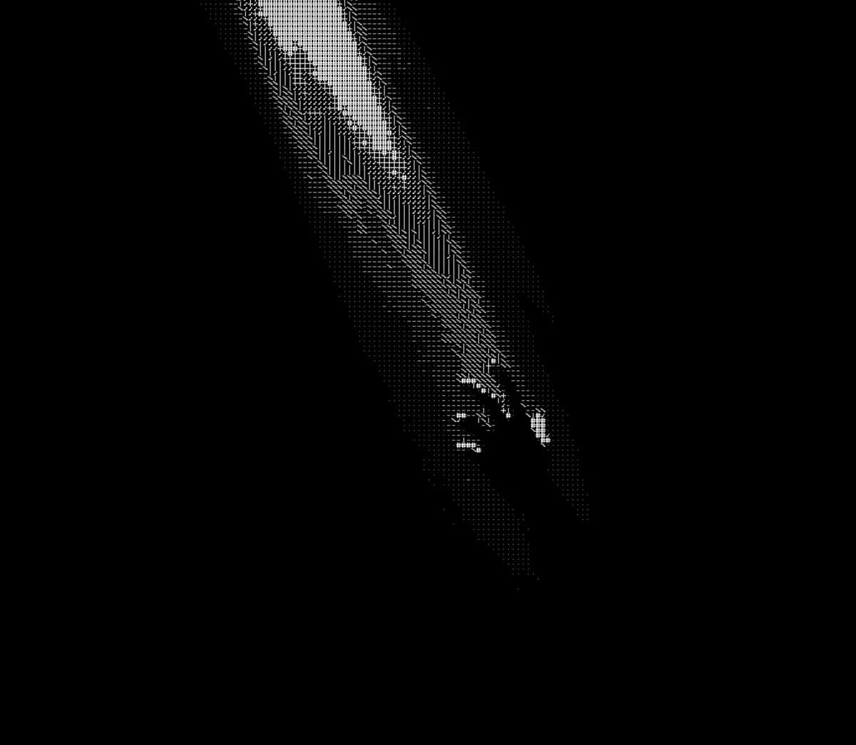 Abstract diagonal light beam cutting through dark pixelated background with grayscale gradient