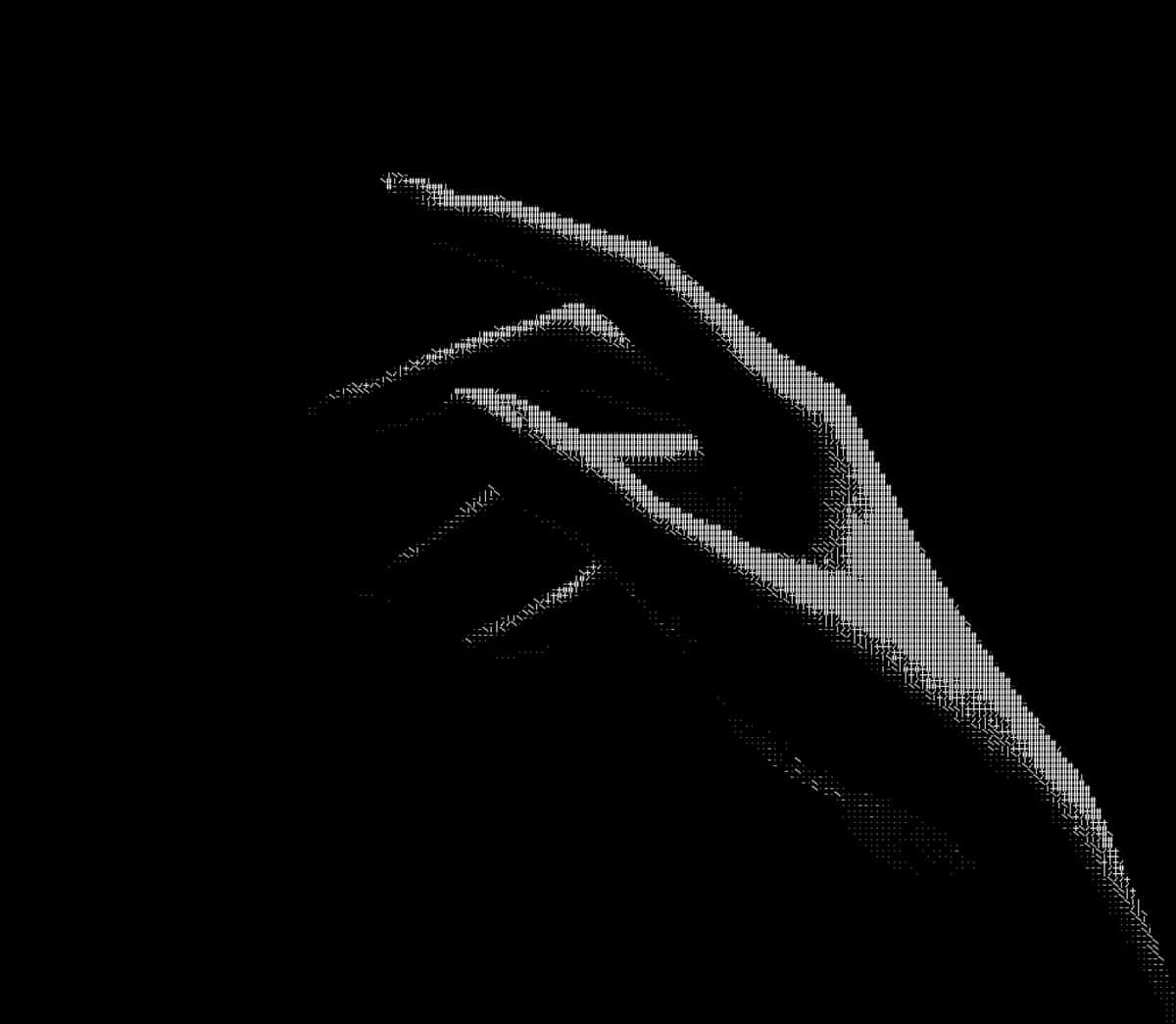 Abstract grayscale hand gesture, minimalist line art on black background, upward reaching motion