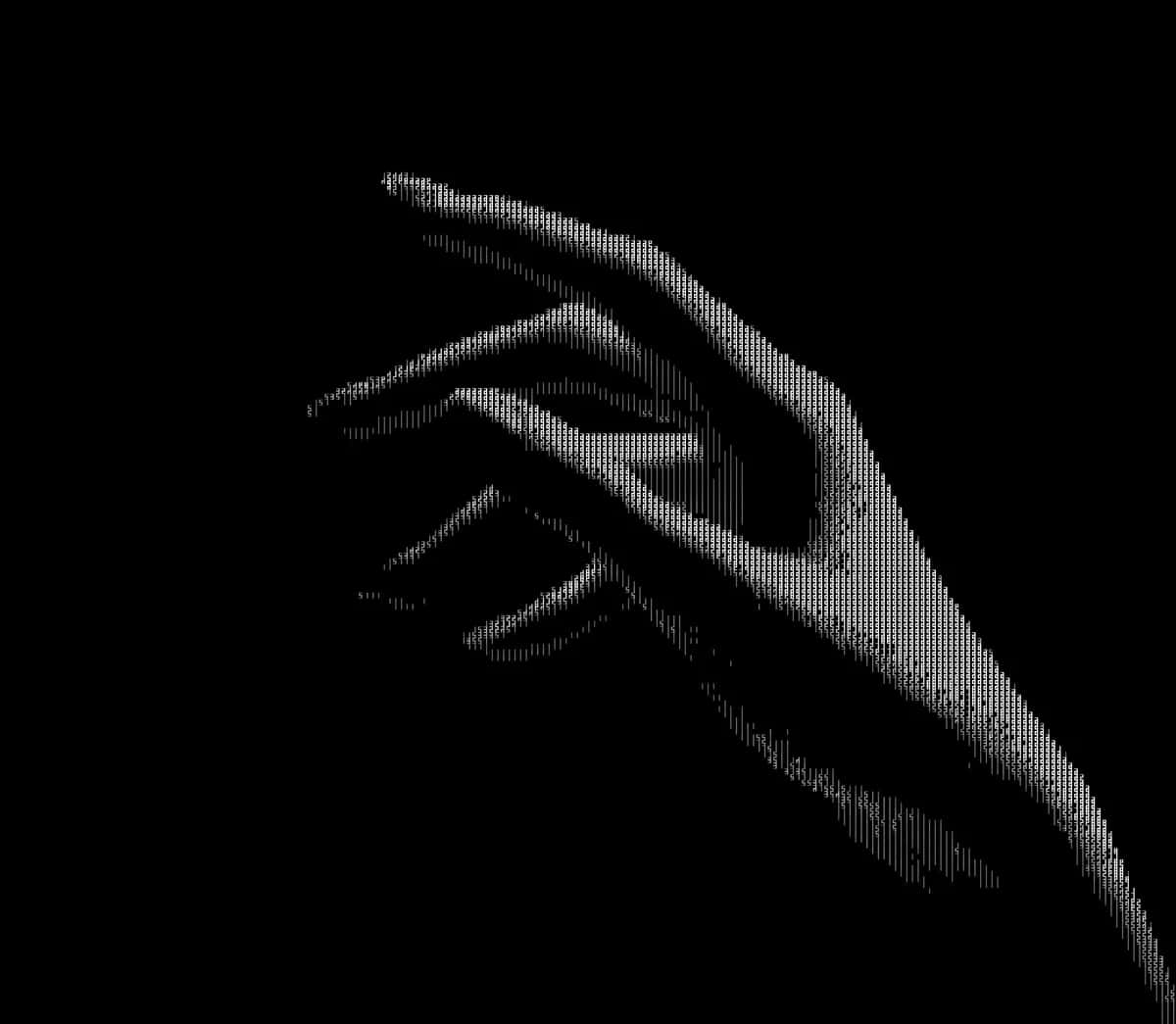 Grayscale stippled hand with fingers extended, minimalist dotted texture on black background