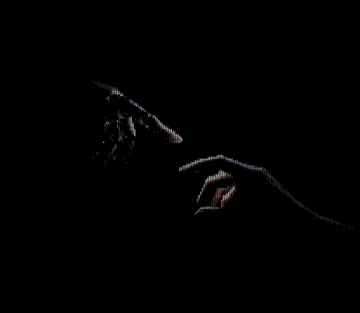Sparse ASCII characters forming a hand and reaching finger in faint blue, rust and white on black