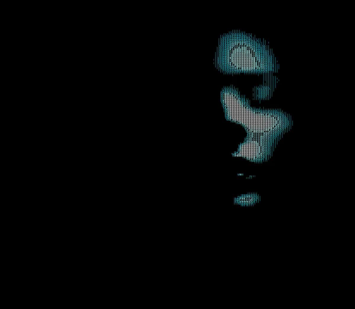Pixelated turquoise number nine on black background, digital scanline texture