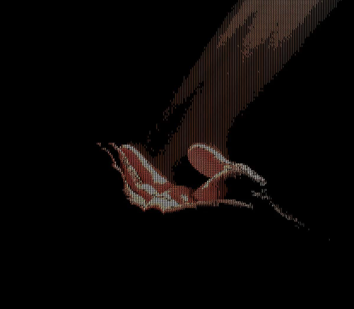 Red crab on brown arm against black background, ASCII pixel art style