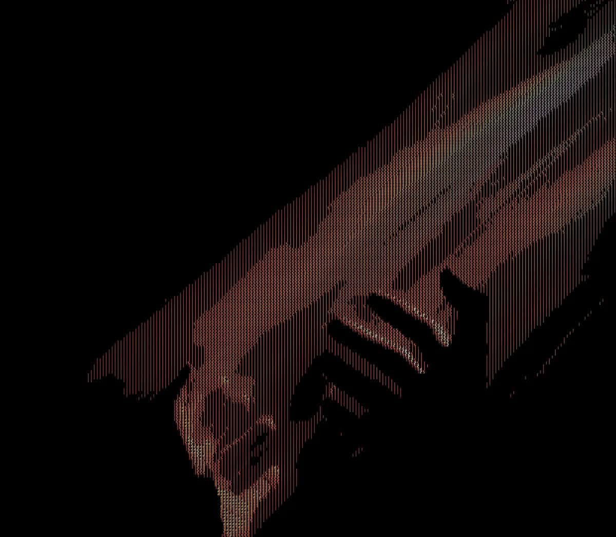 Two hands reaching together against dark background, warm brown tones, textured ASCII art style