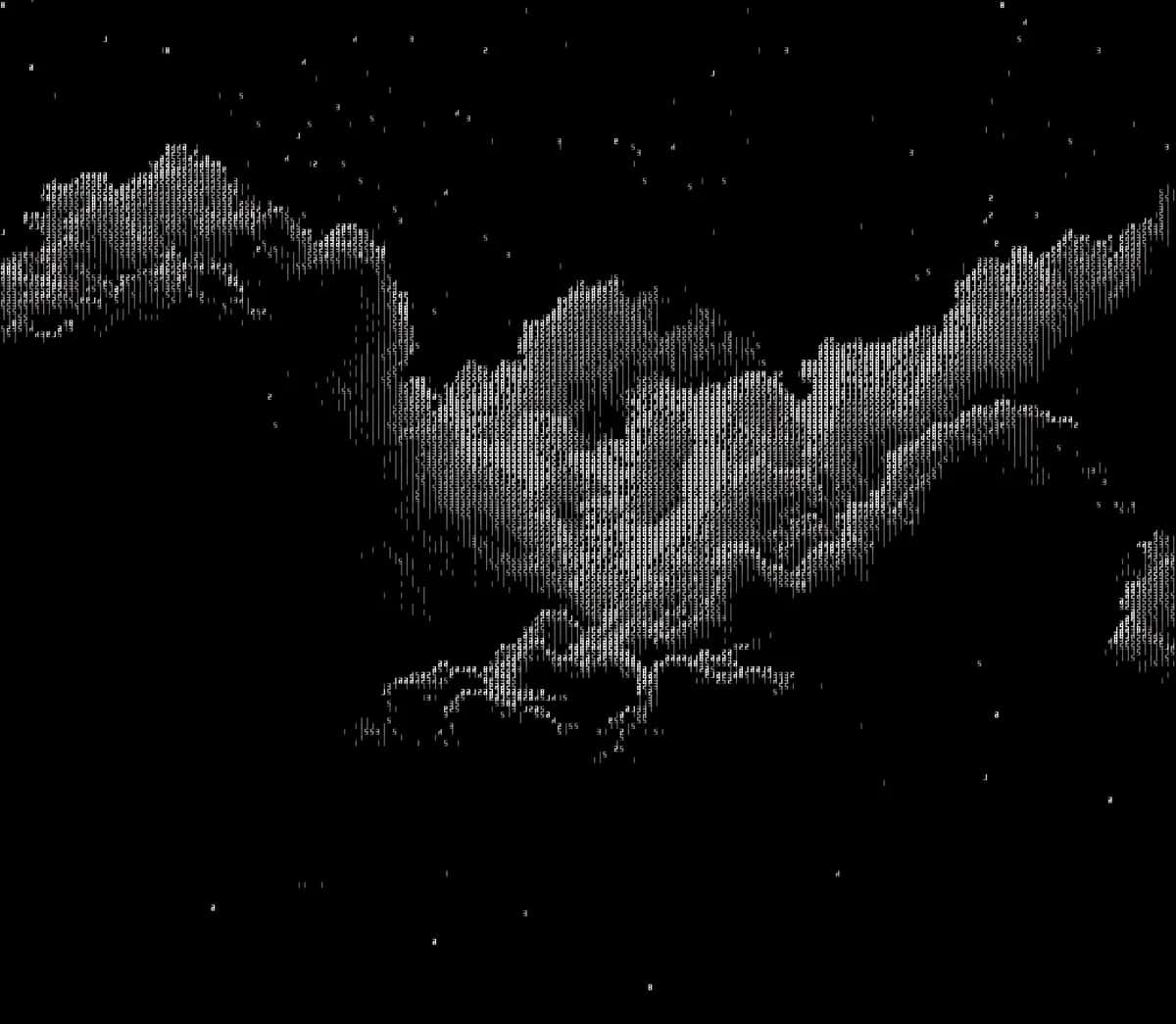 Pixelated bird silhouette in flight against starry night sky, monochrome ASCII art style