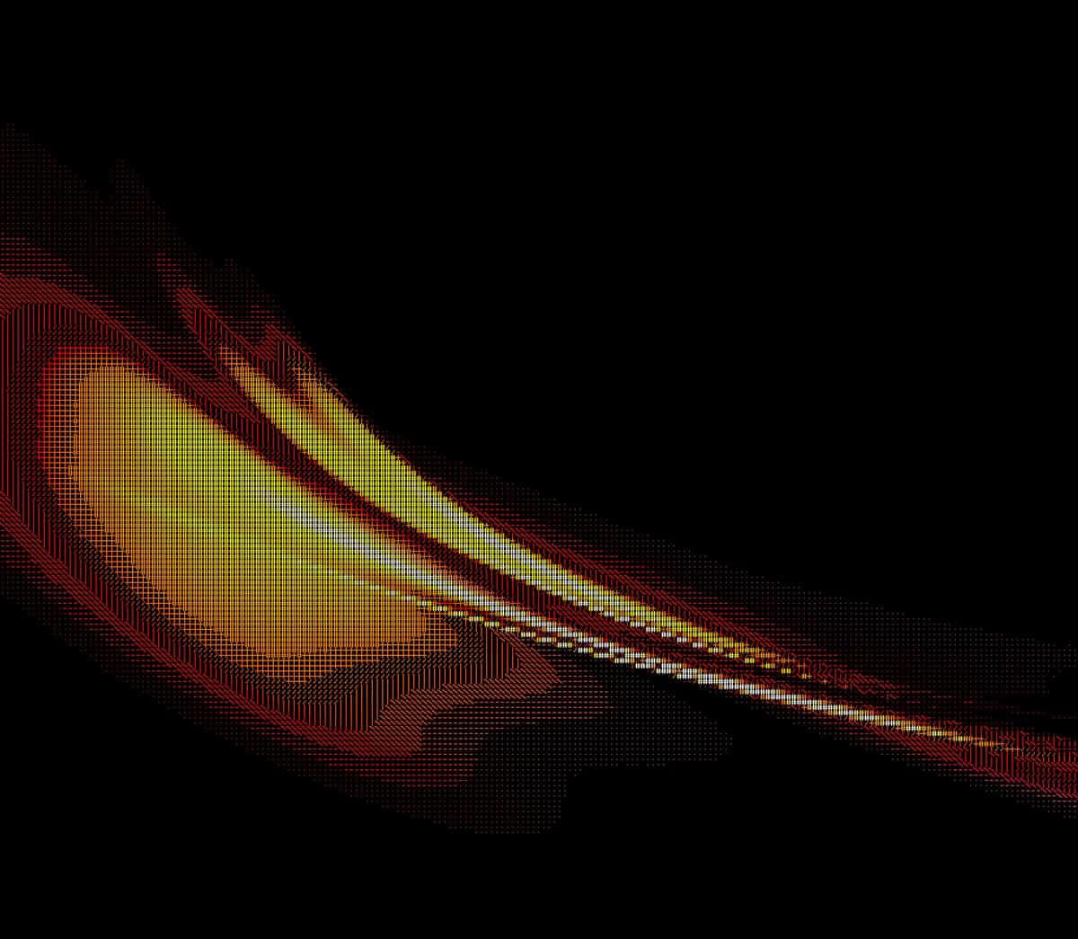 Abstract yellow and red glowing curved form on black background