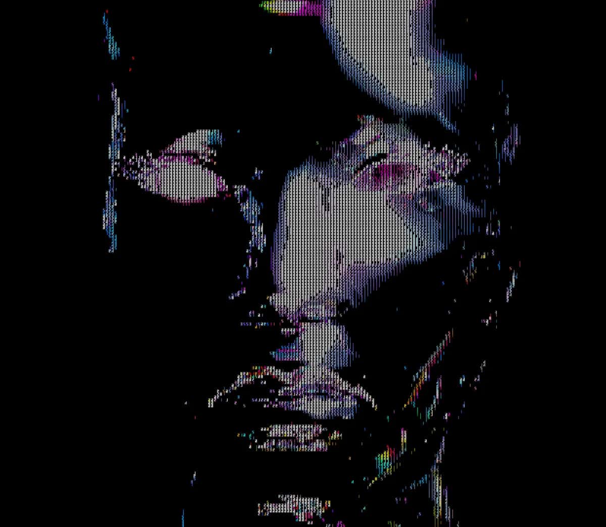 Pixelated portrait face with purple, blue, and pink tones on black background