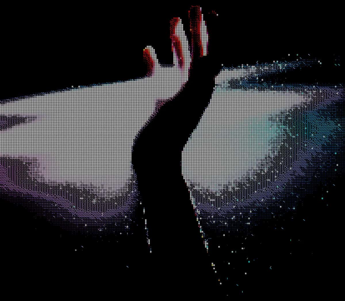 Abstract pixelated hands with red nails against dark starry background, purple and teal gradient