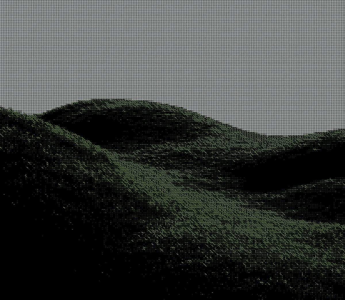 Moss-covered rolling hills with undulating terrain, dark green and gray tones against overcast sky
