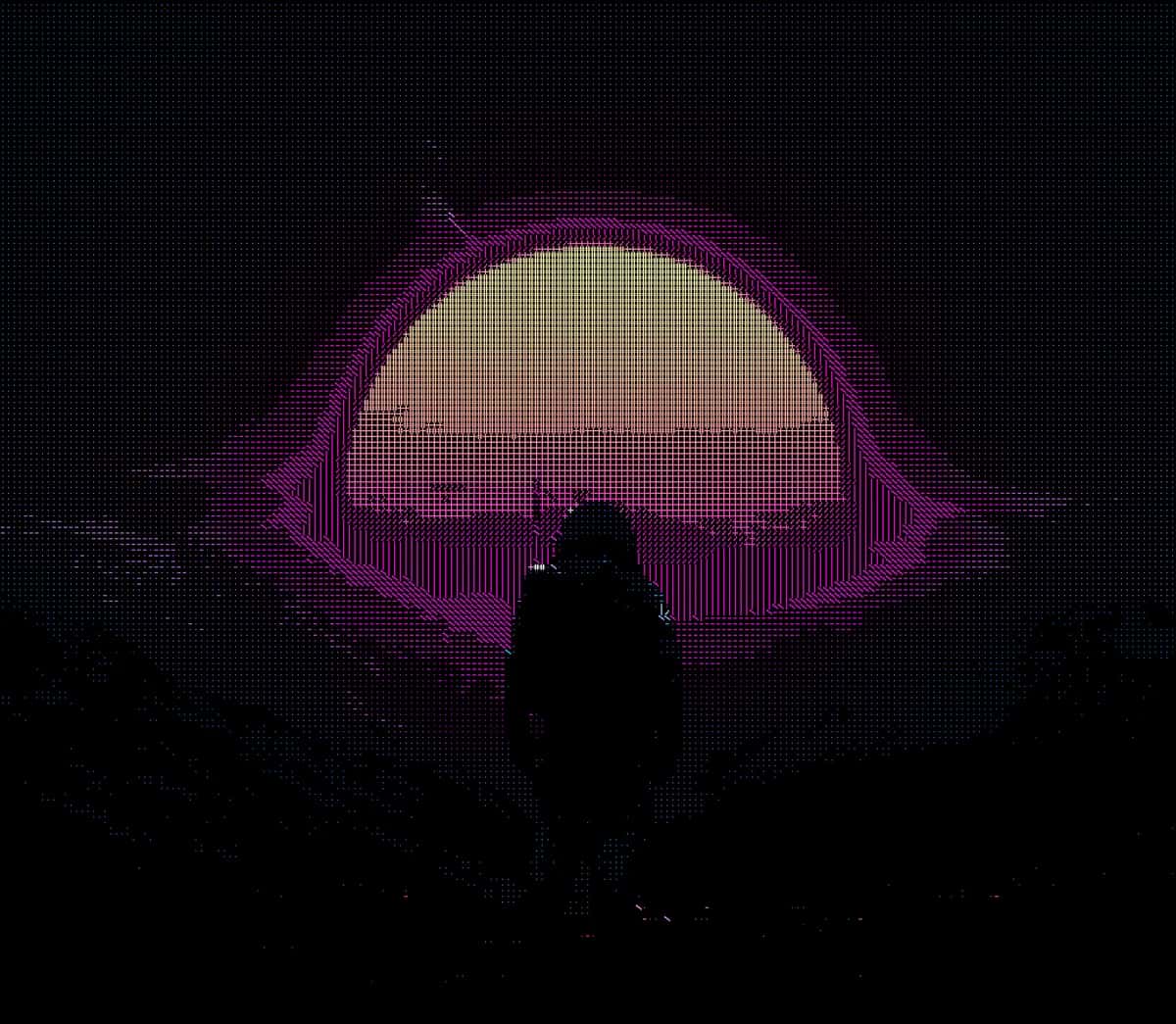 Silhouetted figure gazing at glowing purple and pink neon landscape with pixelated horizon