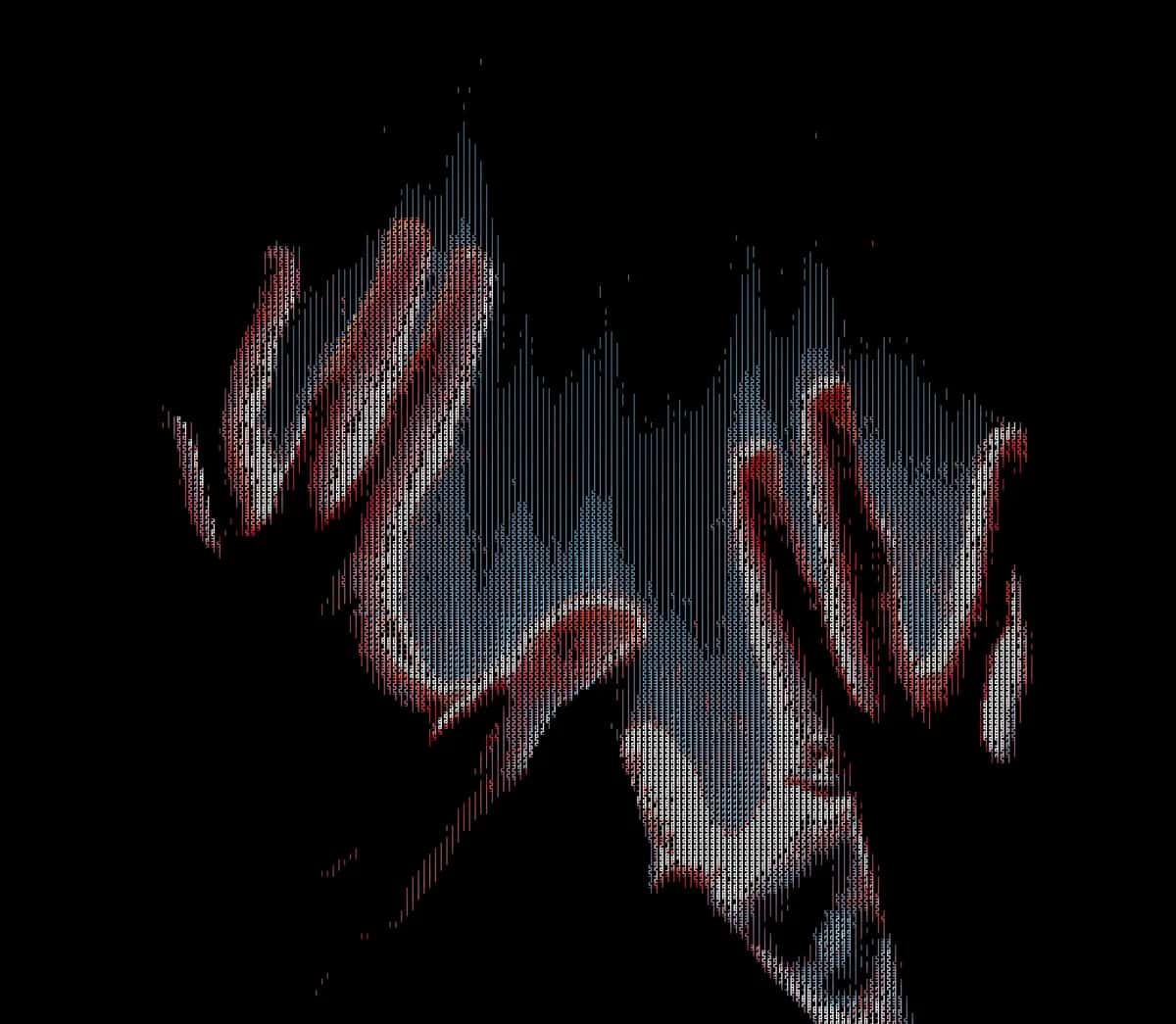 Pixelated hands reaching upward with red and blue gradient tones on black background