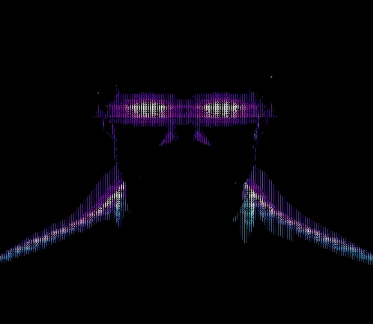 Symmetrical neon ASCII art of a gateway with diverging diagonal beams in magenta, violet and cyan