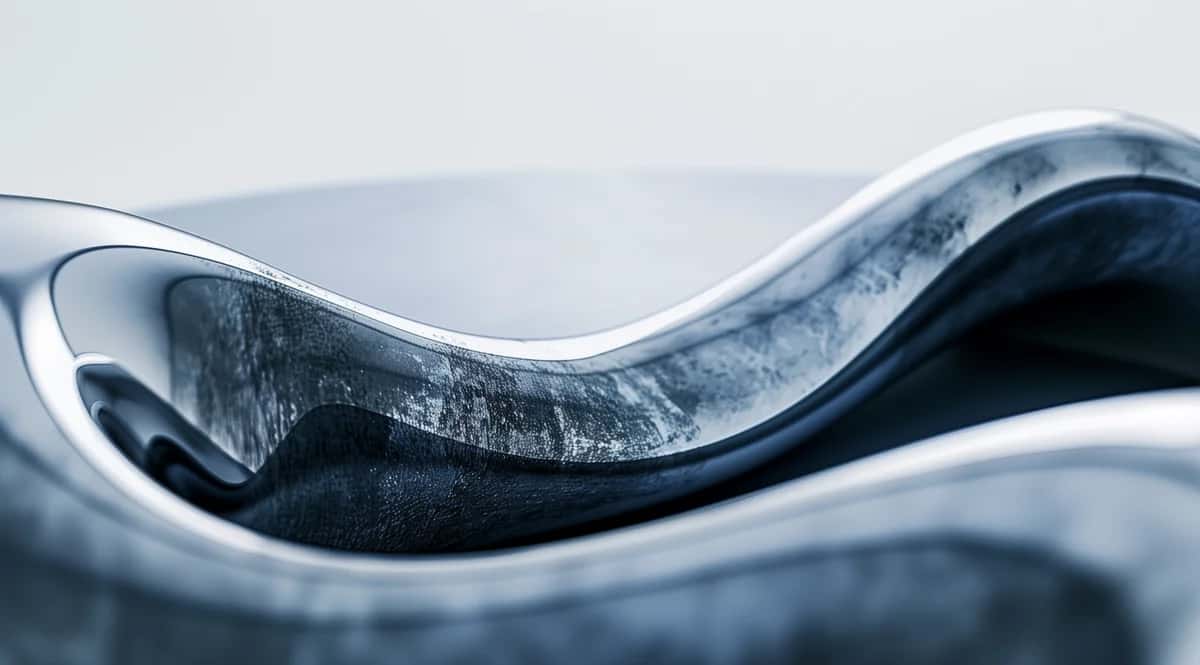 Abstract flowing wave shape, monochromatic blue and white, smooth curves with water texture