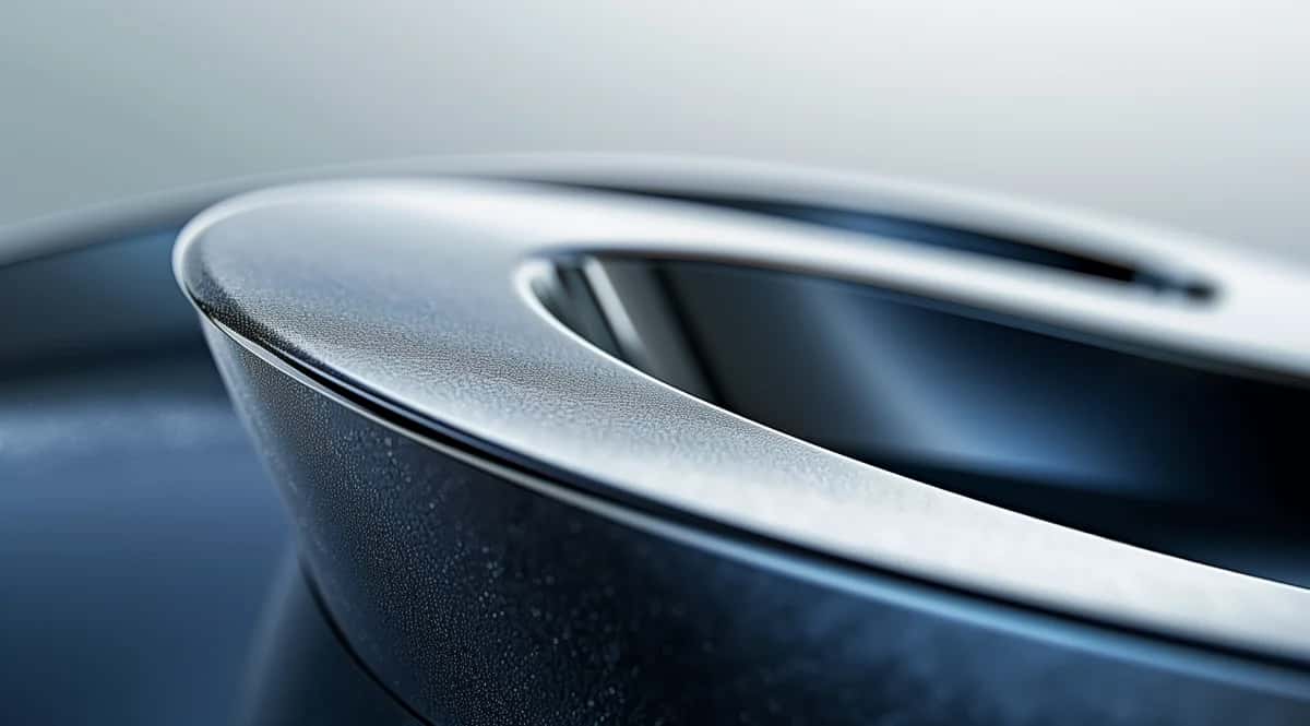 Abstract metallic curved surfaces, silver and blue tones, sharp focus with soft blur background