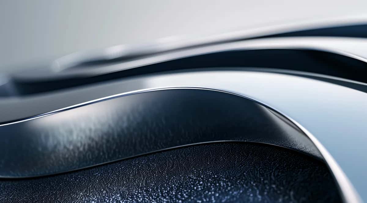 Abstract curved metallic surfaces with water droplets, dark blue and silver gradient, minimalist composition
