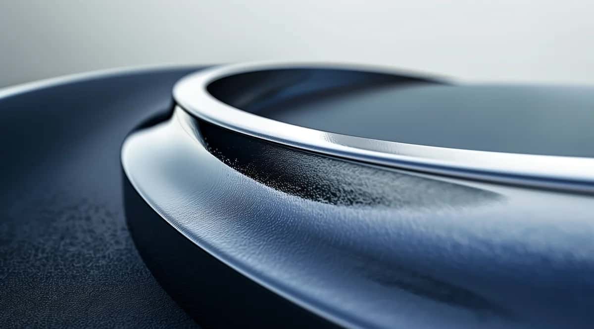 Abstract curved metallic forms with blue and silver tones, smooth flowing lines composition