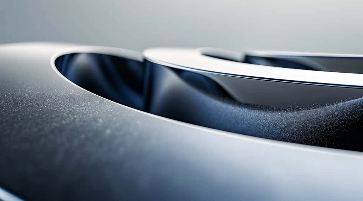Close-up of curved white and dark blue metallic surfaces with soft gradient lighting and shadow