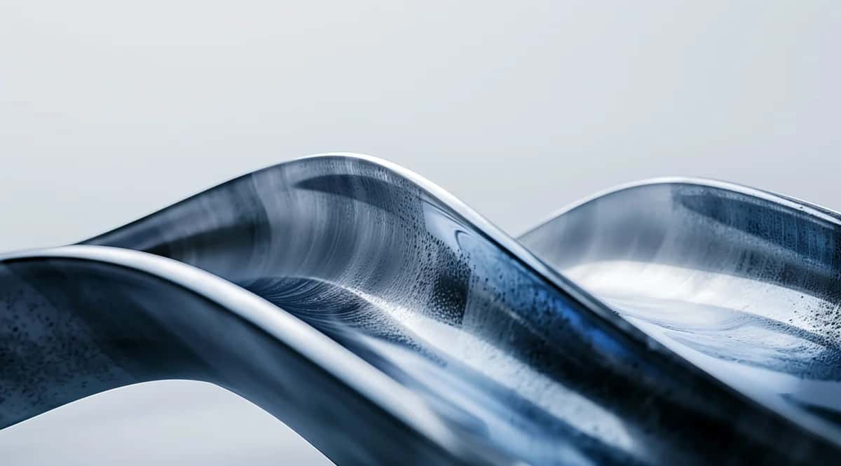 Abstract flowing waves, blue and silver metallic curves with glossy surface reflections