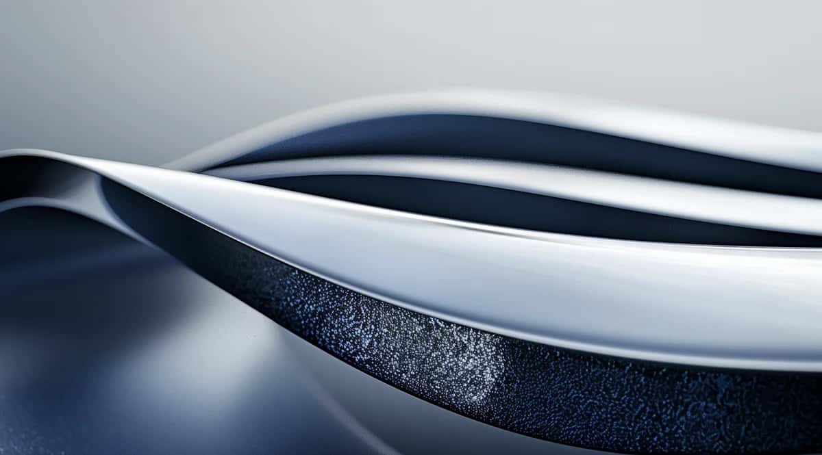 Abstract curved white and dark blue layered shapes with soft gradient lighting and smooth reflective surfaces